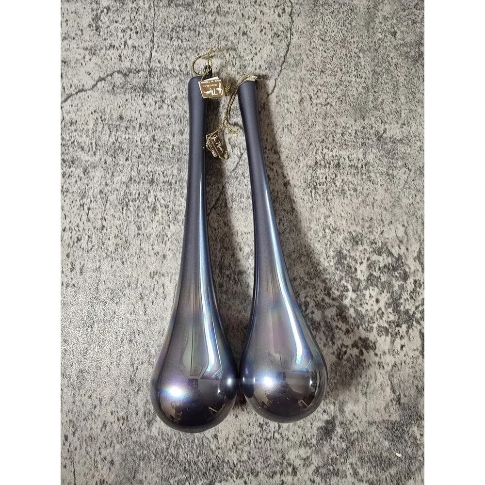2 Jim Marvin Vintage Metallic Teardrop light blue gray glass Christmas Ornaments